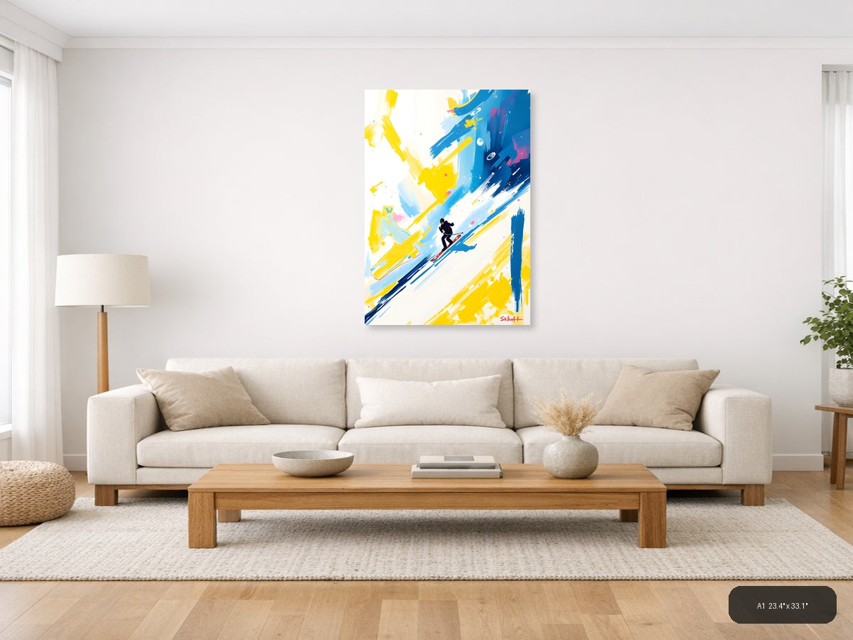 Abstract Skier in Blue & Yellow Strokes Wall Art — A1 / Living Room