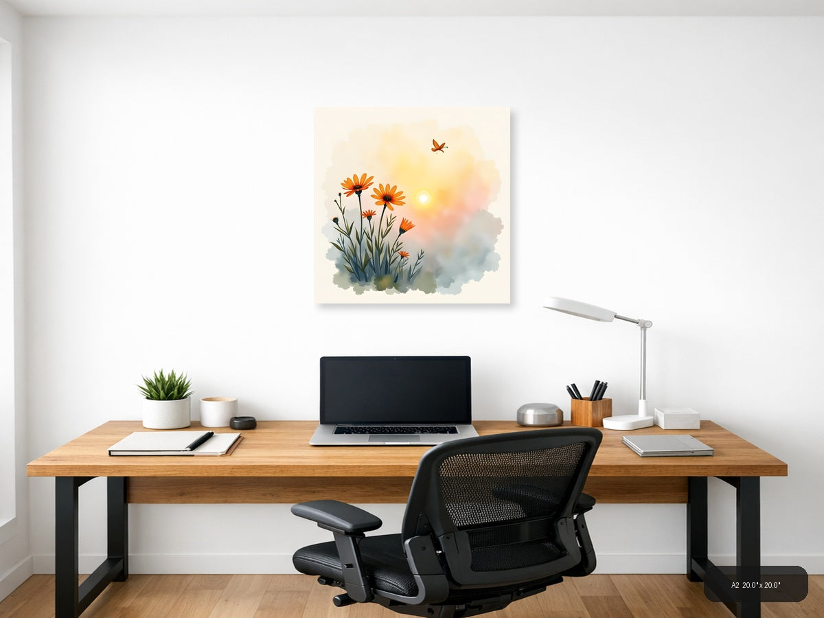 Orange Flowers Butterfly Sunrise Watercolor Wall Art — A2 / Office