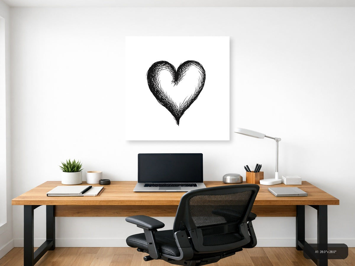 Hand-Drawn Heart Line Art Black & White Wall Art — A1 / Office