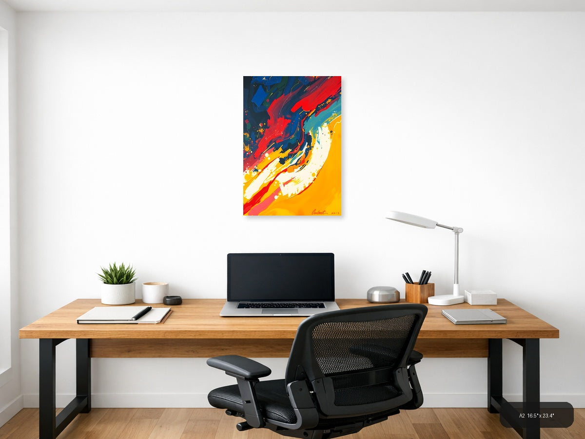 Bold Abstract Fluid Art with Red, Blue & Yellow Wall Art — A2 / Office