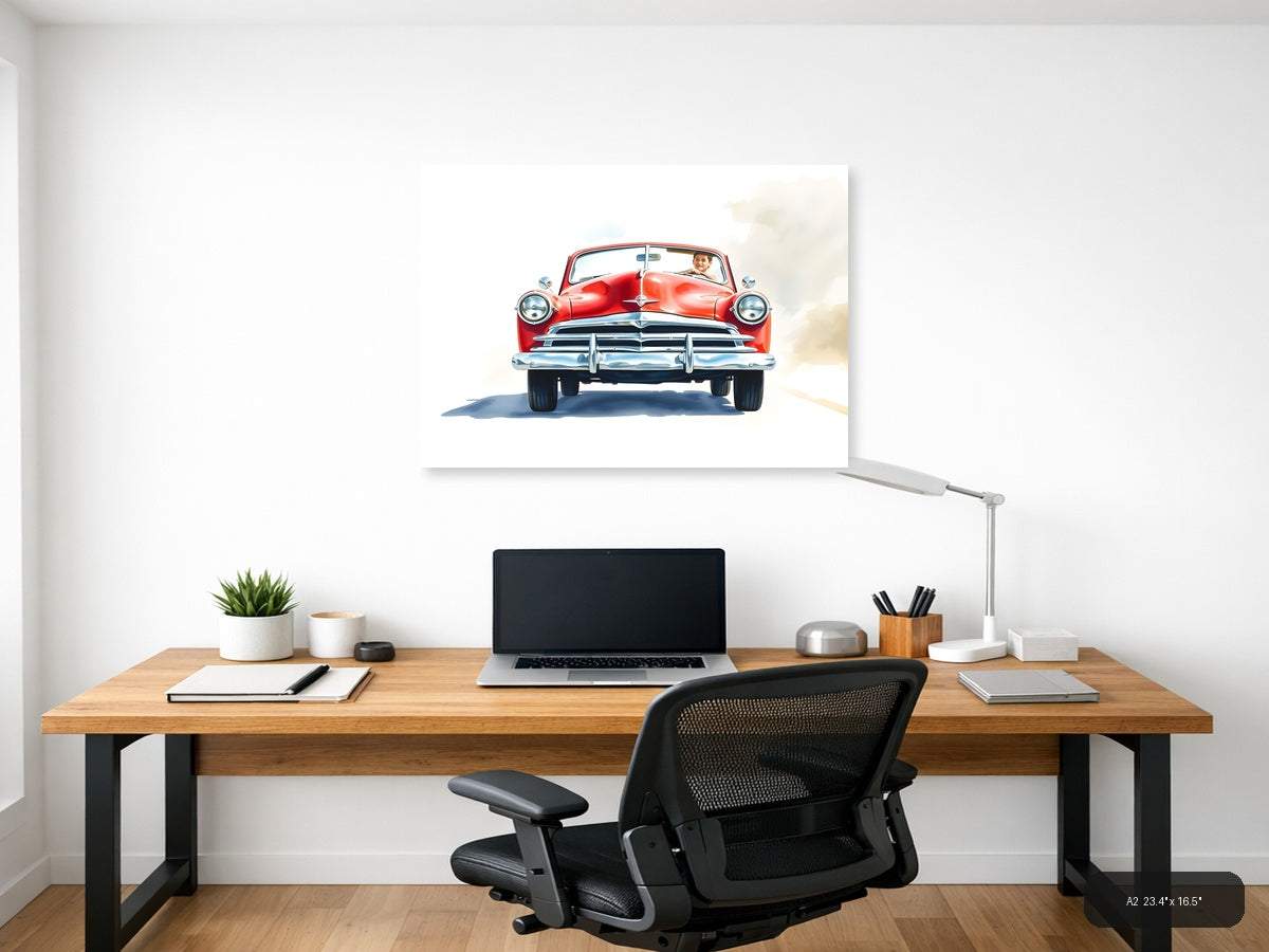 Red Classic Convertible Watercolor Wall Art — A2 / Office