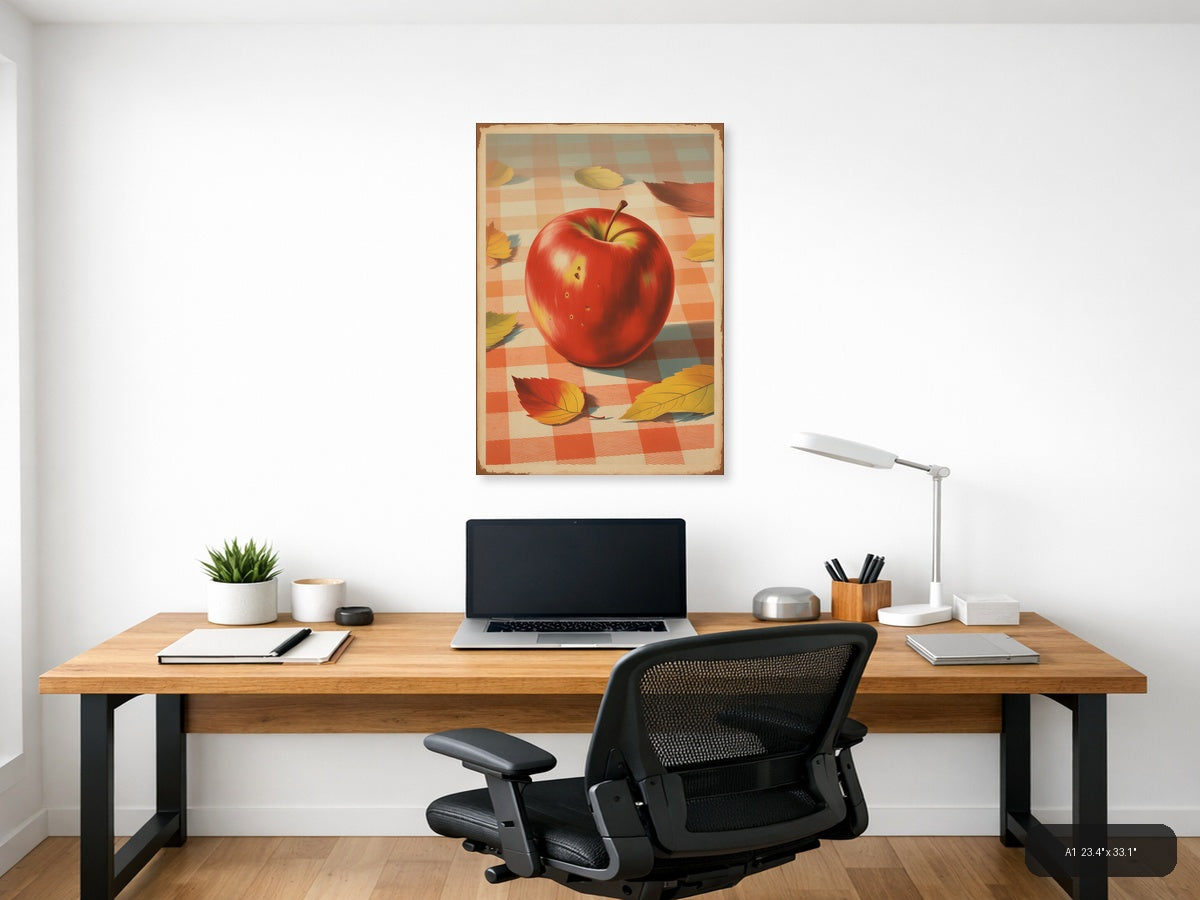 Red Apple with Autumn Leaves Vintage Checkered Wall Art — A1 / Office