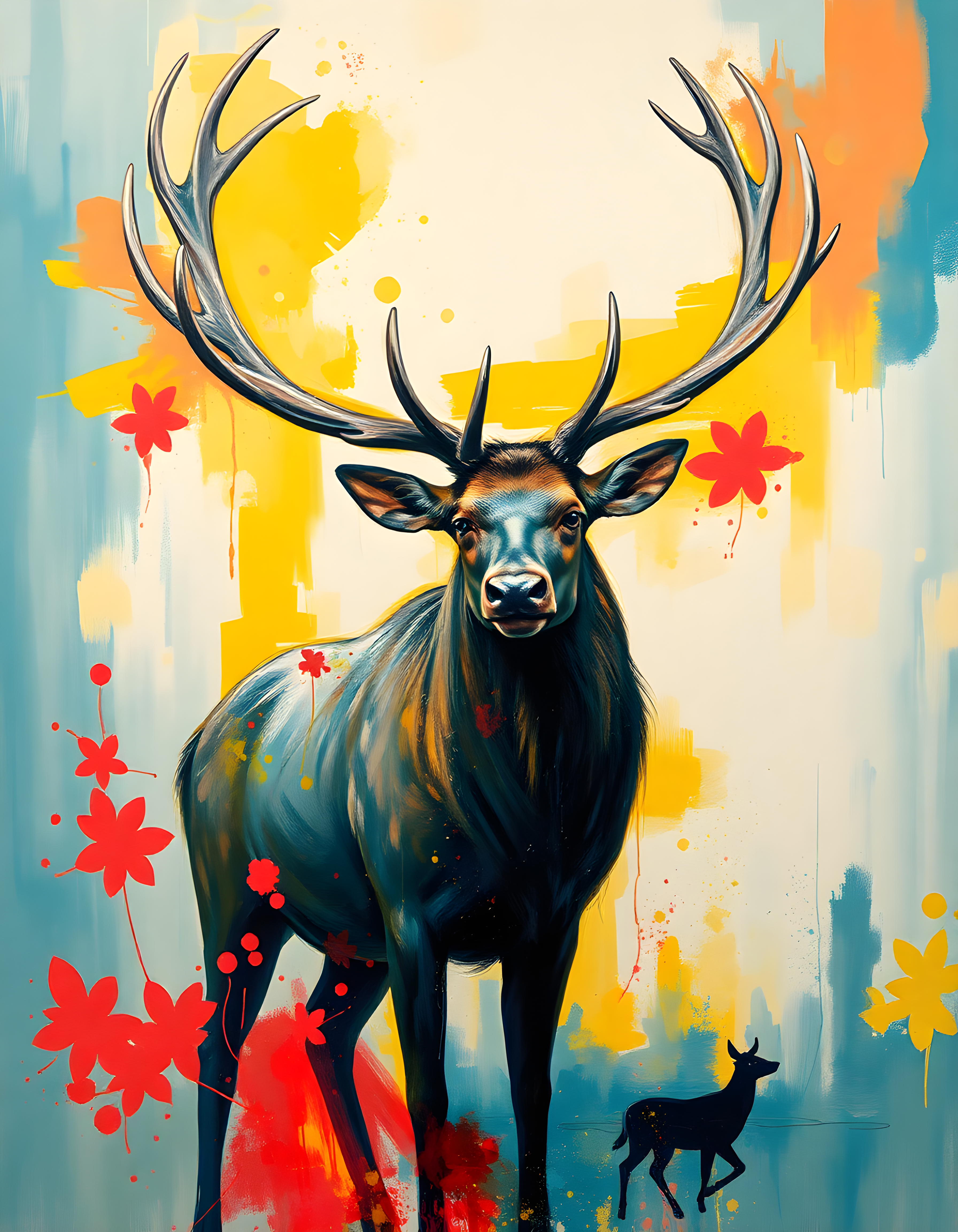 Abstract Deer with Antlers - Modern Yellow & Red Wall Art