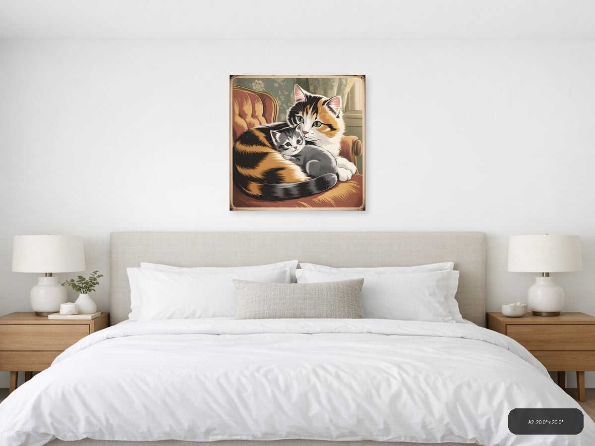 Calico Mother Cat with Kitten Vintage Wall Art — A2 / Bedroom