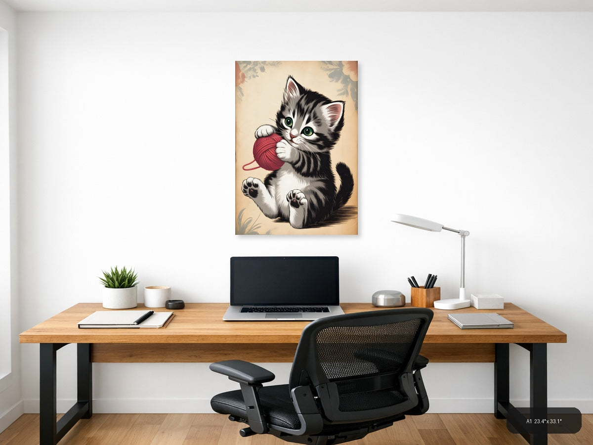 Playful Kitten with Red Yarn Ball Vintage Wall Art — A1 / Office