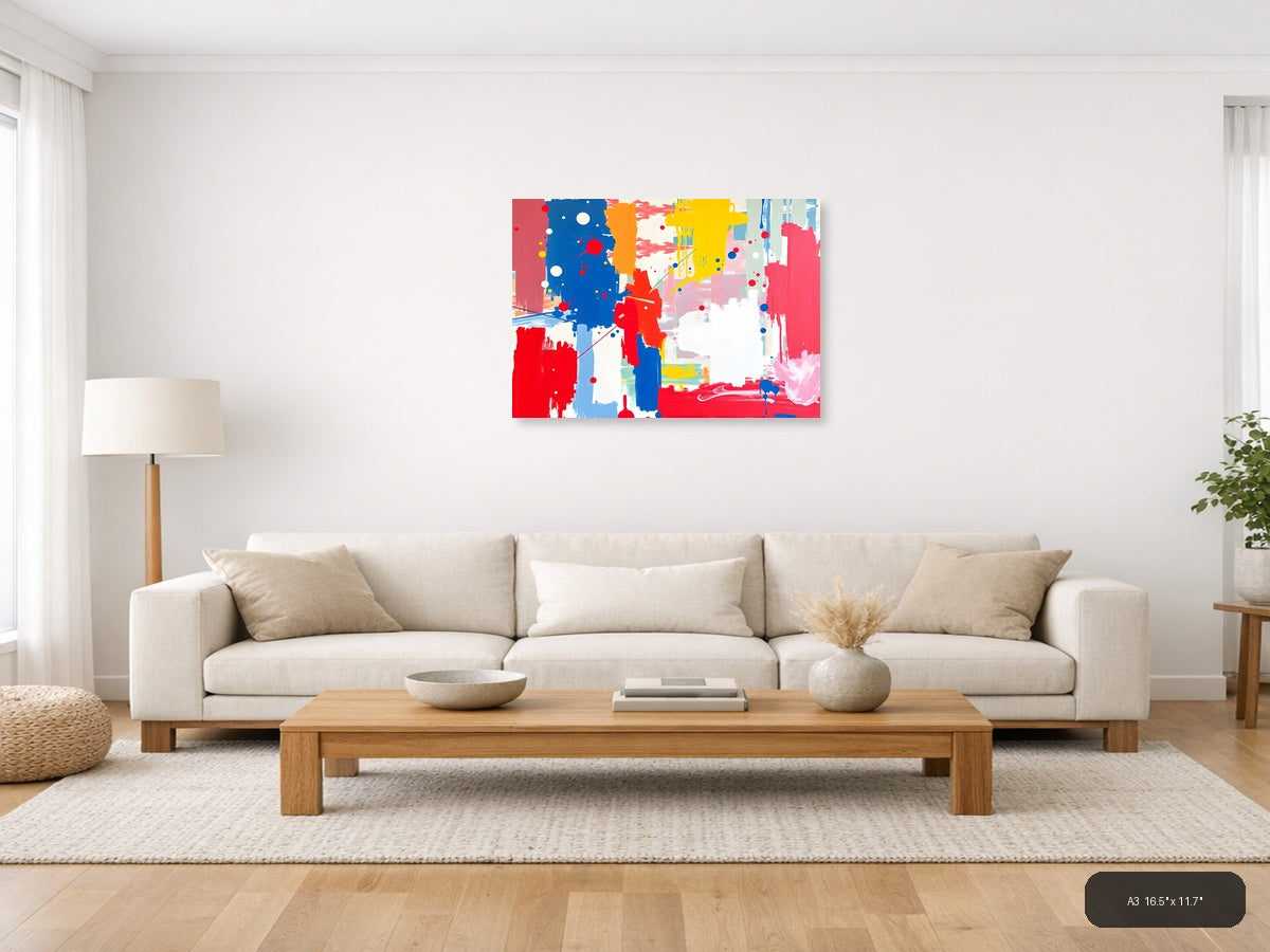 Vibrant Abstract Composition with Red, Blue & Yellow Wall Art — A3 / Living Room
