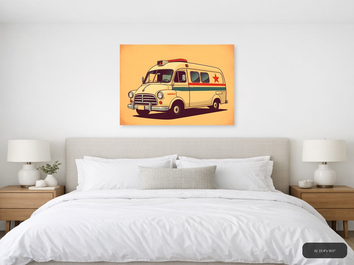 Vintage Cream Ambulance Illustration - Retro Wall Art — A2 / Bedroom