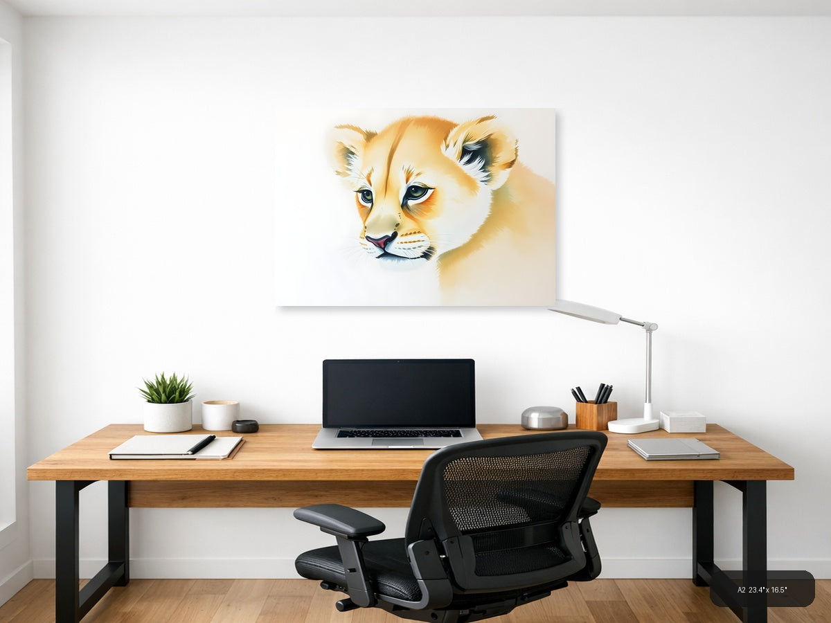 Young Lion Cub Watercolor Portrait Wall Art — A2 / Office