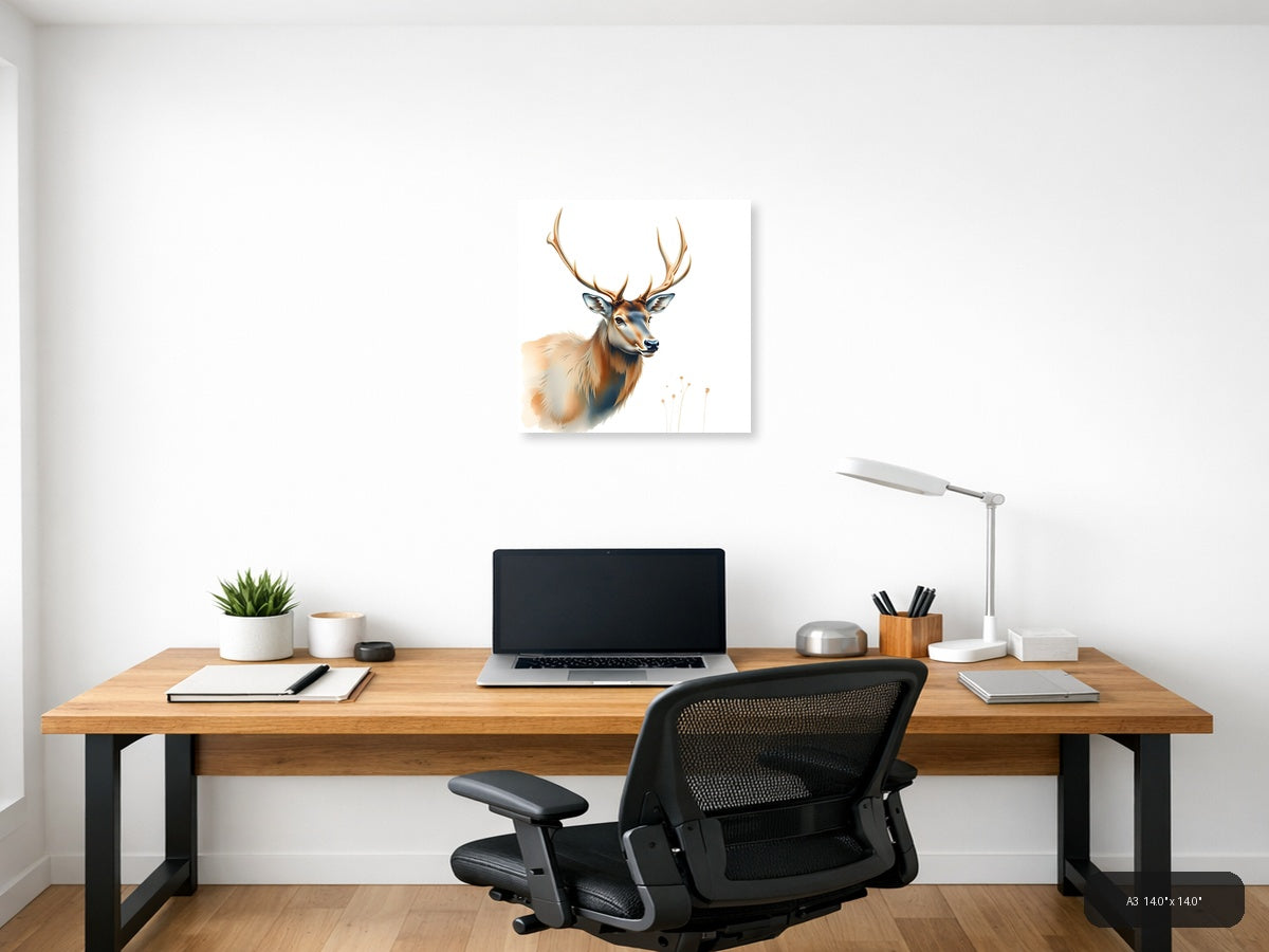 Majestic Deer with Antlers Watercolor Wall Art — A3 / Office