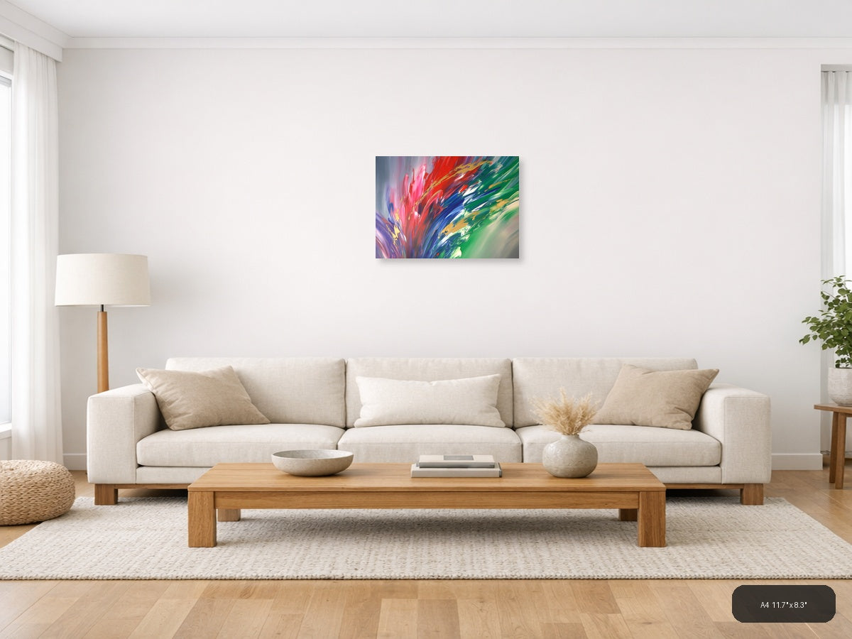 Vibrant Abstract Explosion: Pink, Red & Green Wall Art — A4 / Living Room