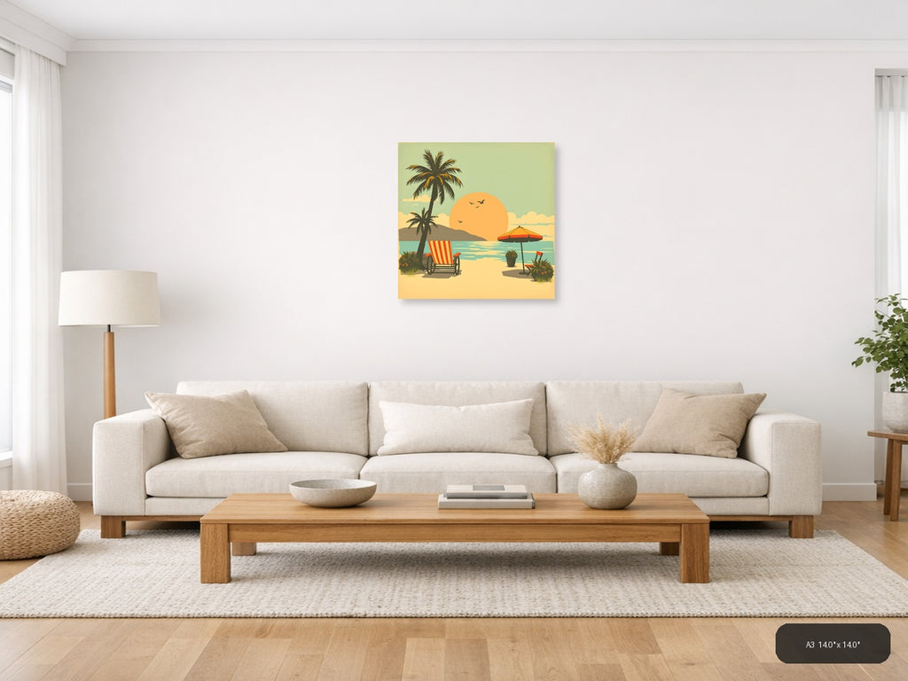 Vintage Beach Sunset Palm Tree Scene Wall Art — A3 / Living Room