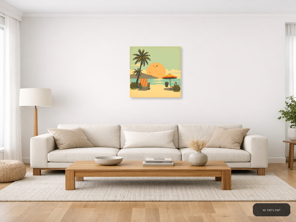 Vintage Beach Sunset Palm Tree Scene Wall Art — A3 / Living Room