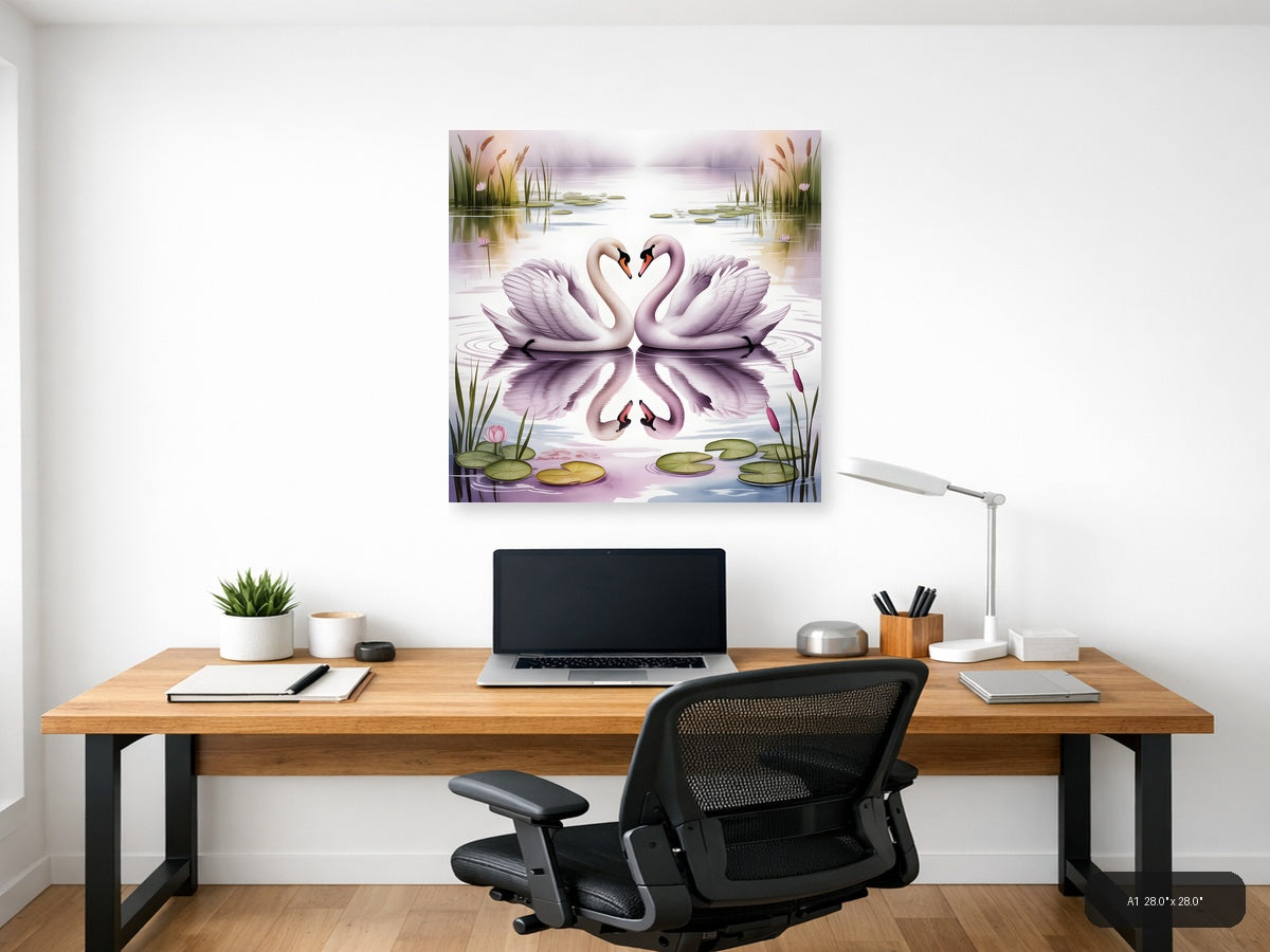 Two Swans Heart Reflection Watercolor Wall Art — A1 / Office