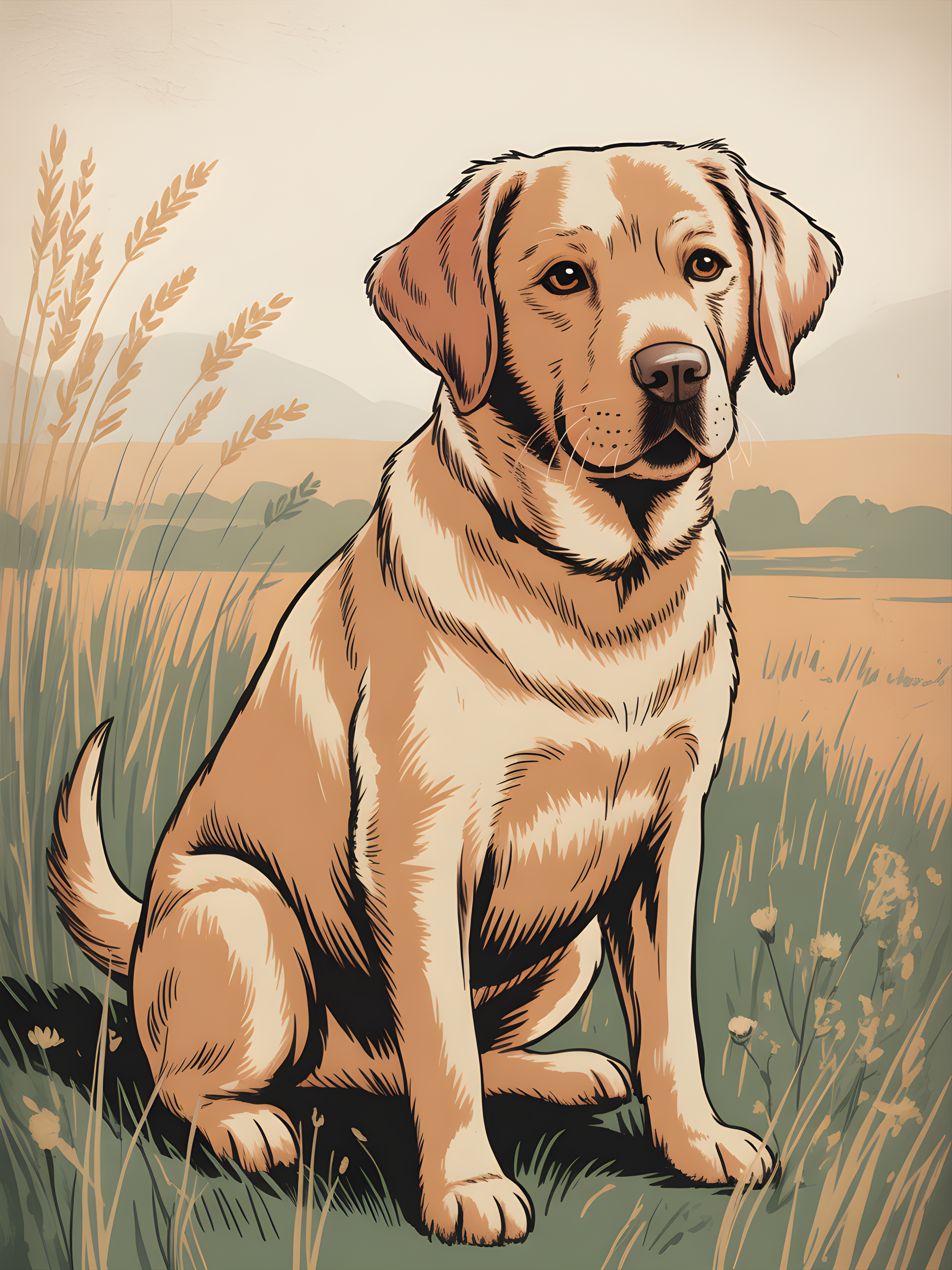Vintage Labrador Retriever in Field Portrait Wall Art