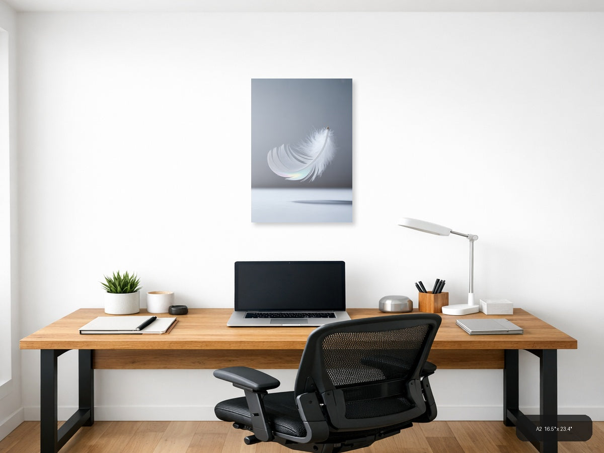 White Feather with Iridescent Light - Minimalist Wall Art — A2 / Office