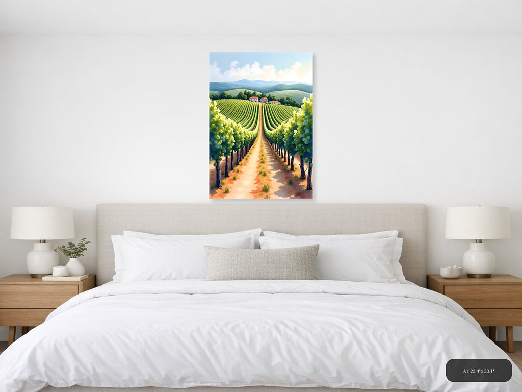 Tuscan Vineyard Landscape Watercolor Wall Art — A1 / Bedroom