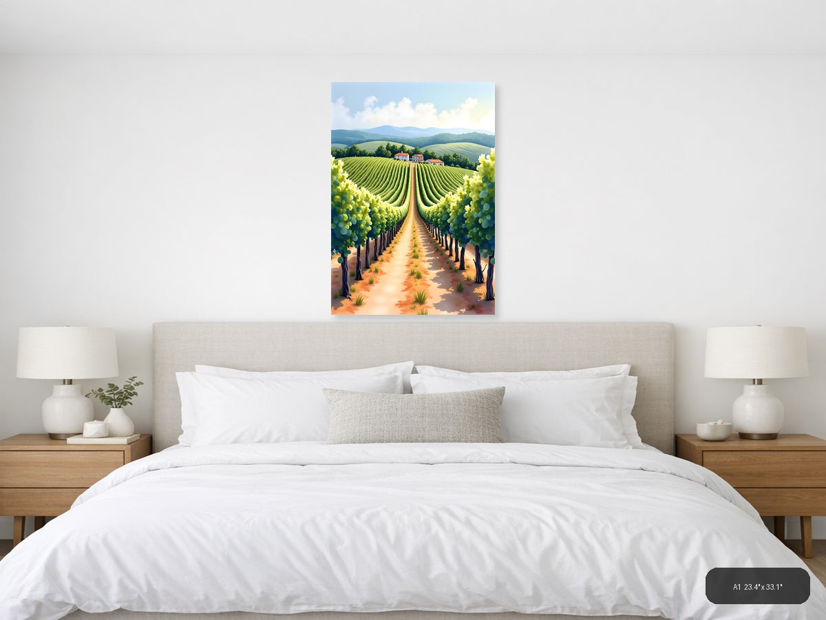 Tuscan Vineyard Landscape Watercolor Wall Art — A1 / Bedroom