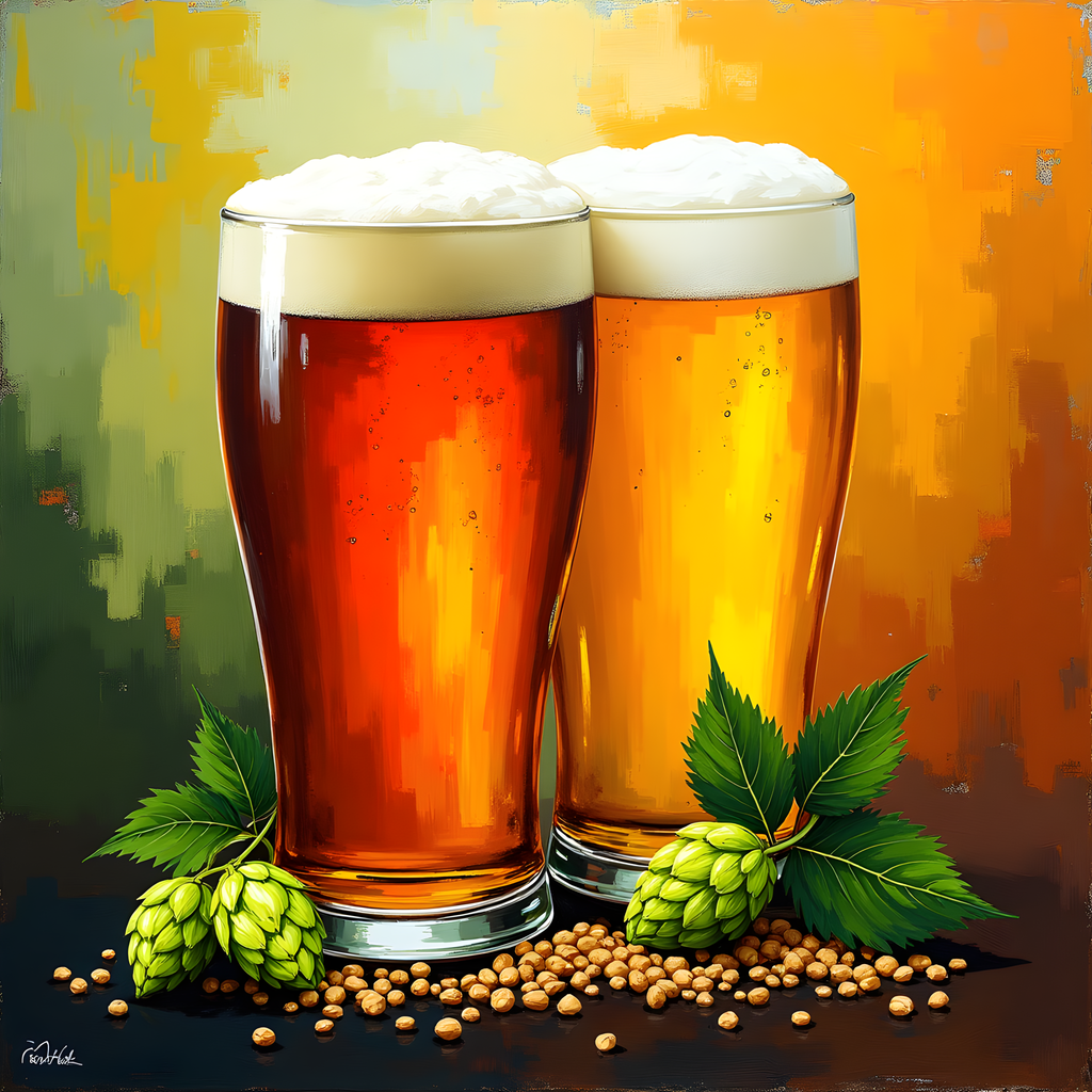 Two Beer Glasses with Hops Abstract Wall Art