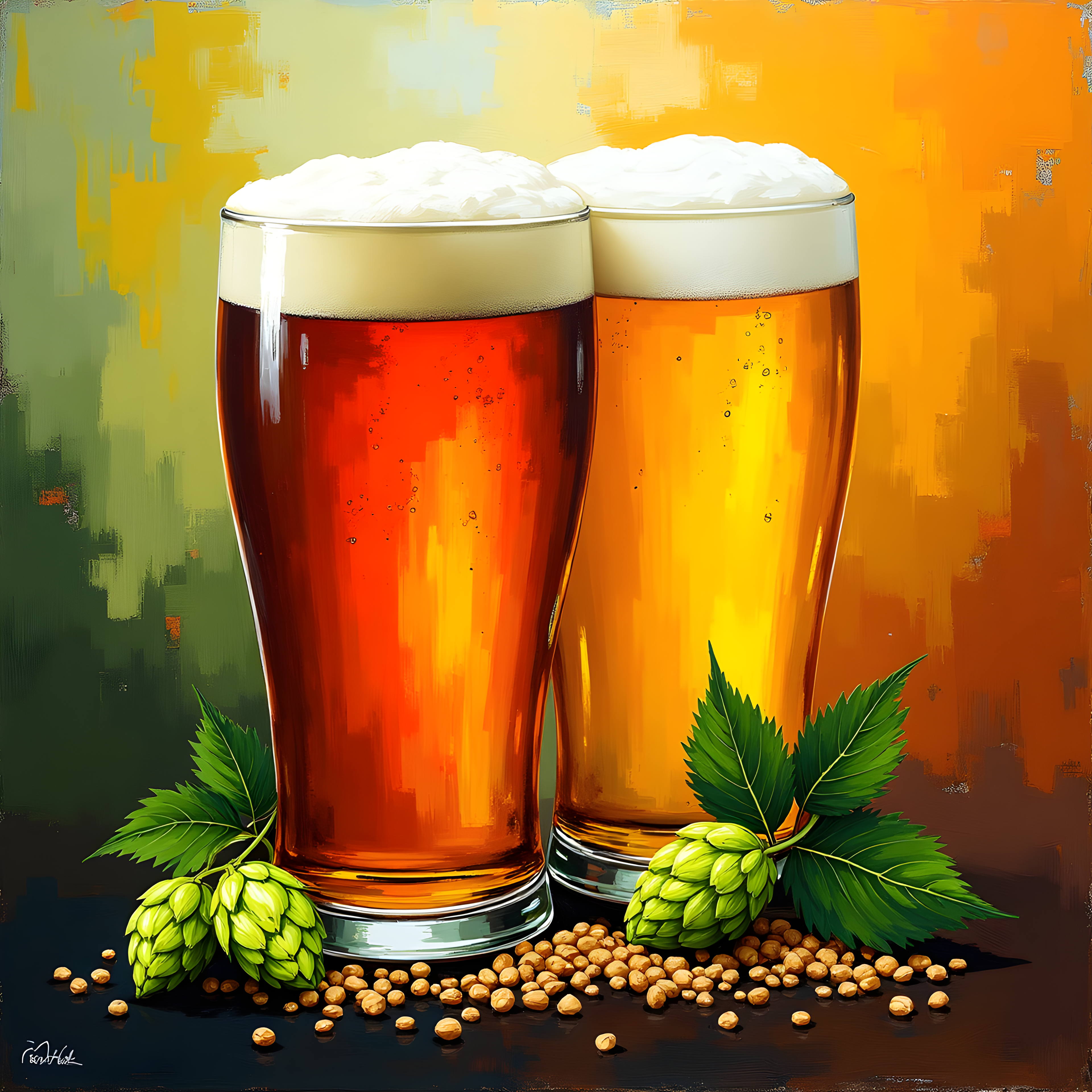 Two Beer Glasses with Hops Abstract Wall Art