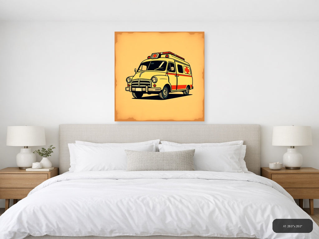 Vintage Yellow Ambulance Retro Wall Art — A1 / Bedroom
