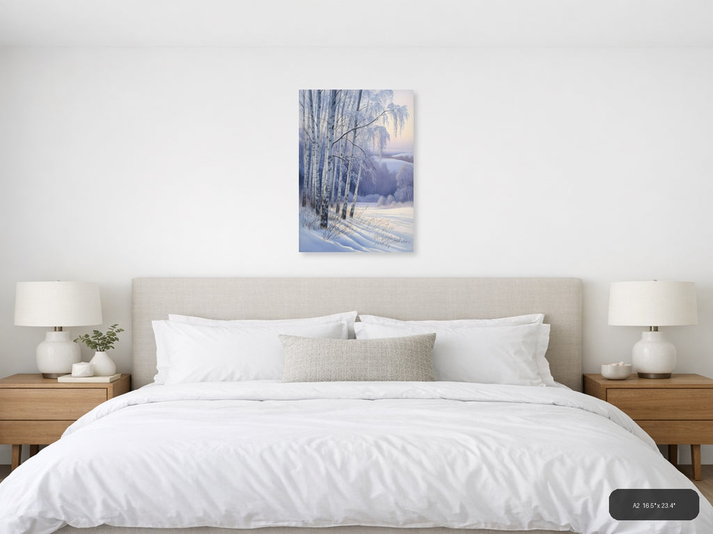 Frozen Birch Trees by Winter Lake Watercolor Wall Art — A2 / Bedroom