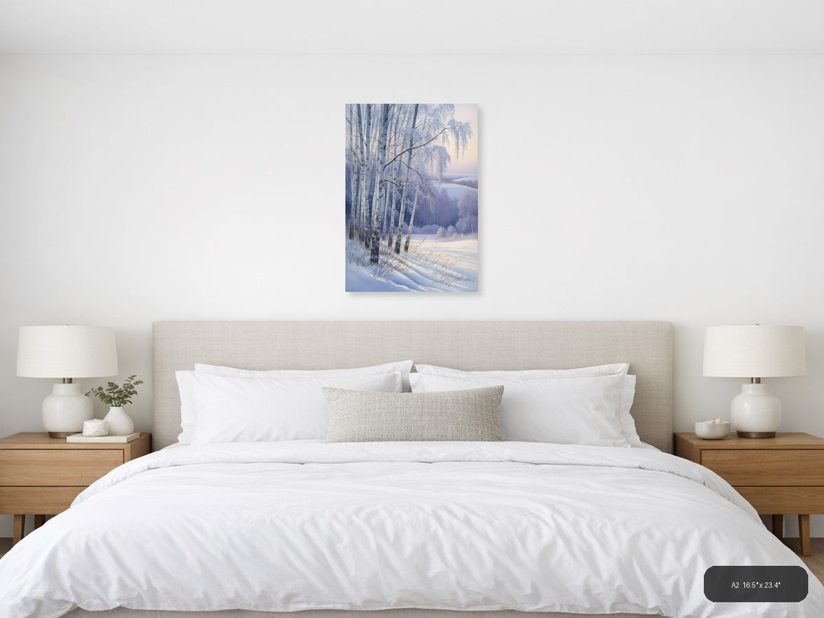 Frozen Birch Trees by Winter Lake Watercolor Wall Art — A2 / Bedroom