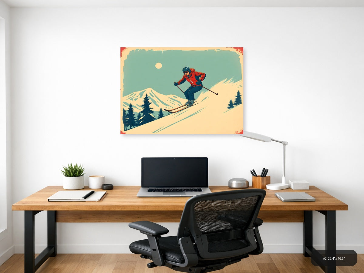 Vintage Skier on Mountain Slope Wall Art — A2 / Office