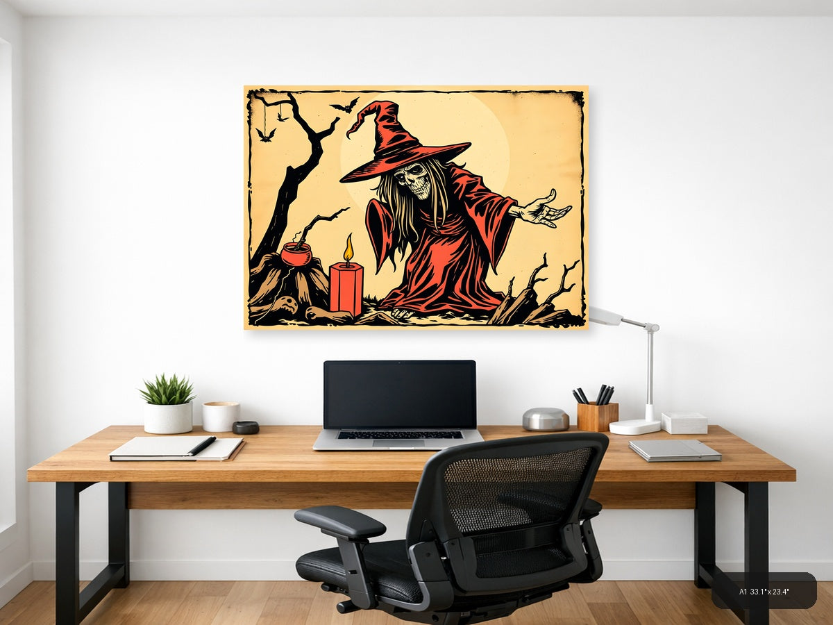 Vintage Witch in Red Robe Halloween Wall Art — A1 / Office