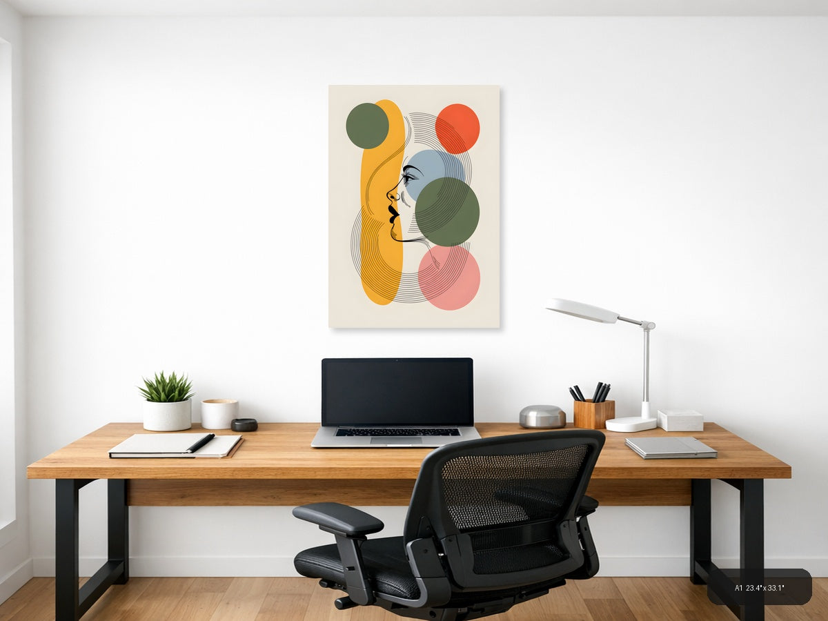 Abstract Line Art Portrait with Geometric Circles Wall Art — A1 / Office