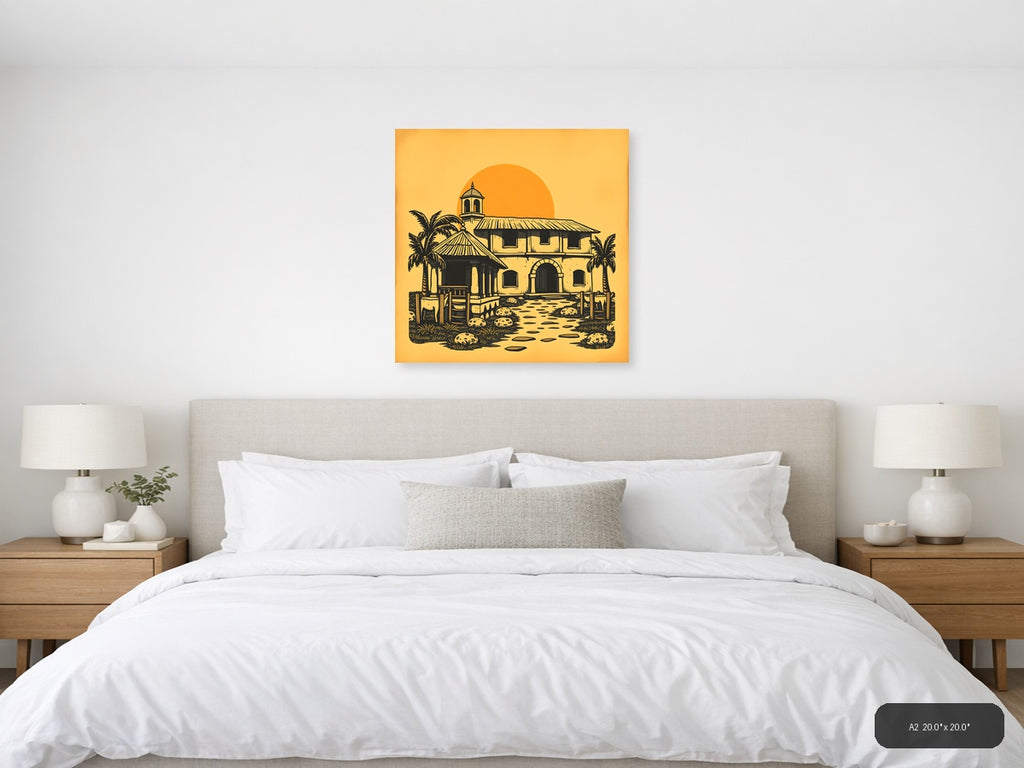 Vintage Desert Mission Church with Palm Trees Wall Art — A2 / Bedroom