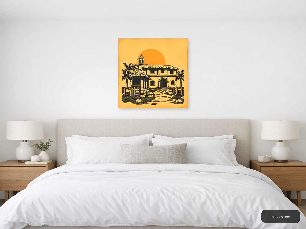 Vintage Desert Mission Church with Palm Trees Wall Art — A2 / Bedroom