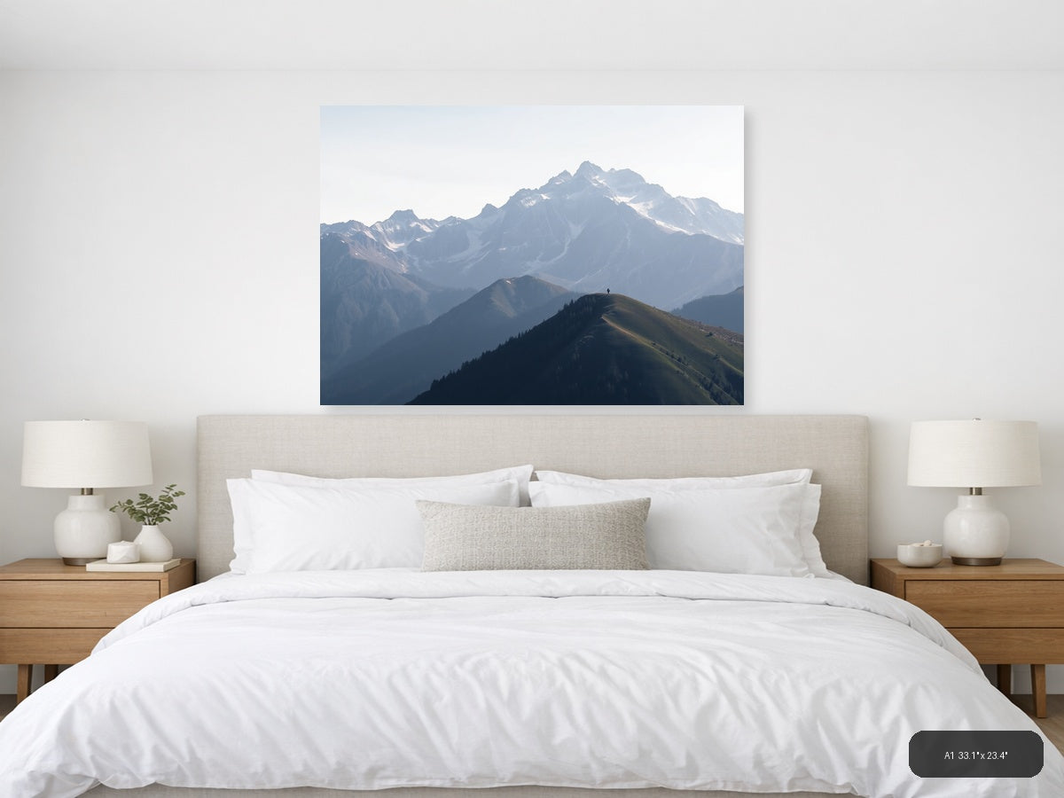 Solitary Hiker Mountain Peak Landscape | Minimalist Canvas Wall Art — A1 (Bedroom)