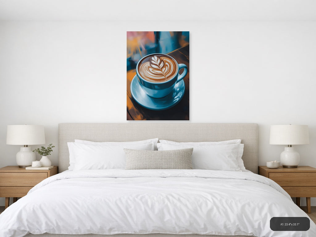 Latte Art Coffee Cup Abstract Blue Wall Art — A1 / Bedroom