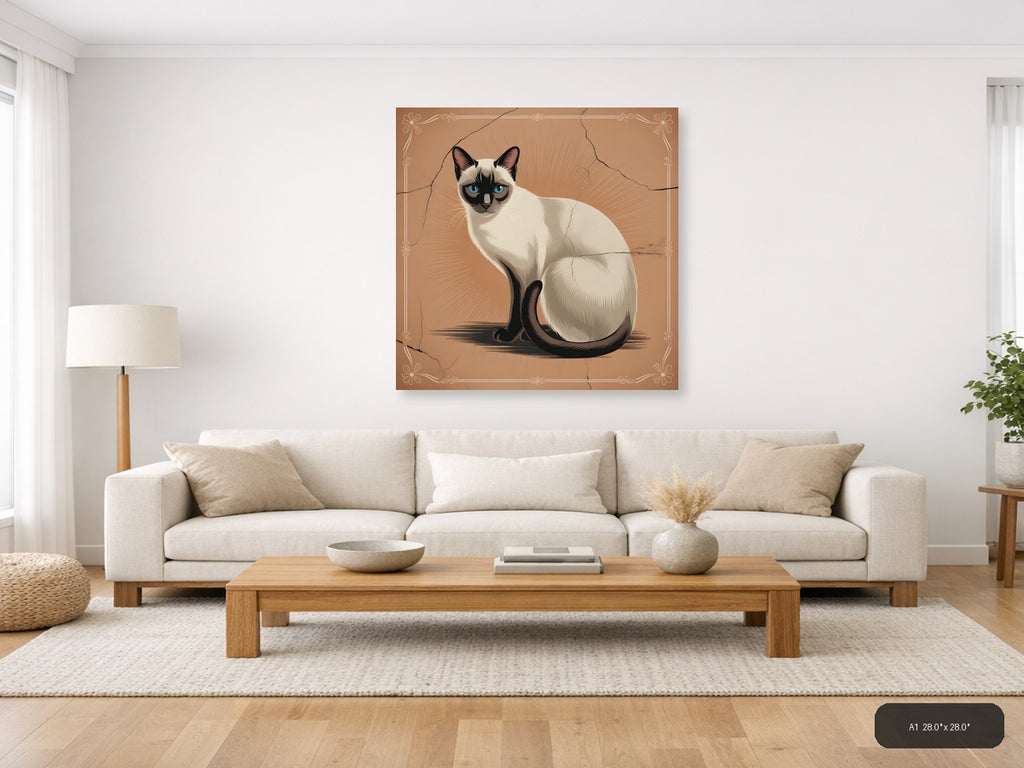 Siamese Cat with Blue Eyes Vintage Square Wall Art — A1 / Living Room
