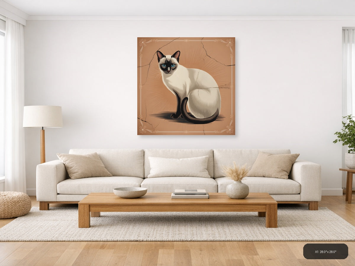 Siamese Cat with Blue Eyes Vintage Square Wall Art — A1 / Living Room
