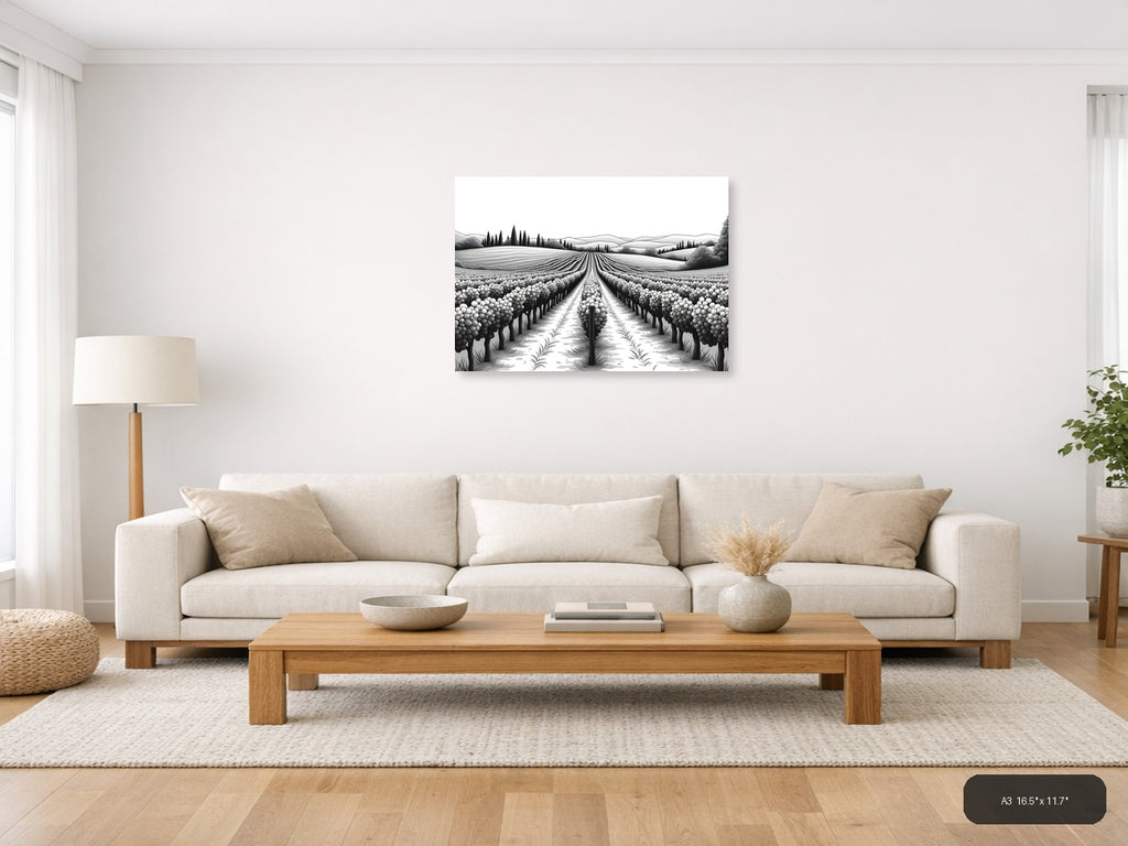 Tuscan Vineyard Landscape Line Art Wall Art — A3 / Living Room
