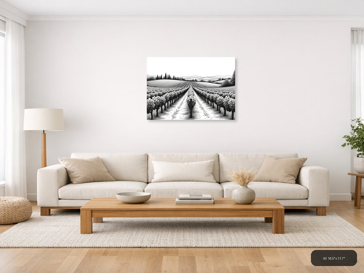 Tuscan Vineyard Landscape Line Art Wall Art — A3 / Living Room