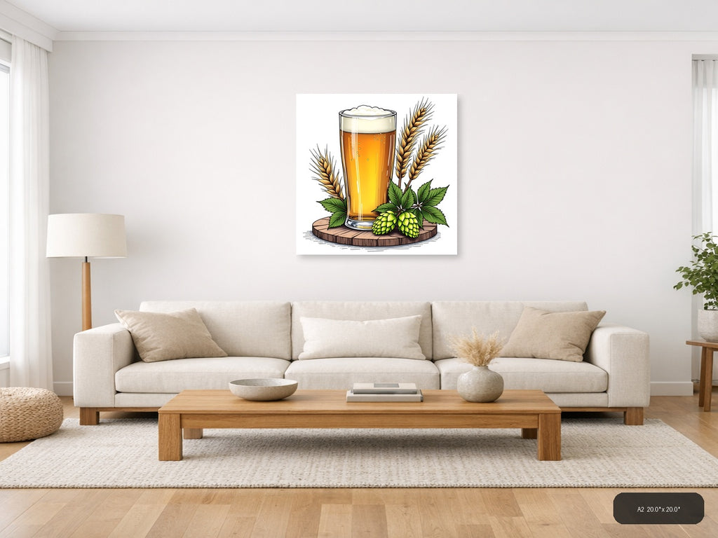 Beer Glass with Hops and Wheat Line Art Wall Art — A2 / Living Room