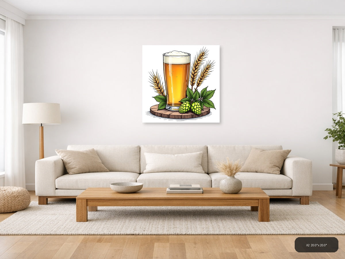 Beer Glass with Hops and Wheat Line Art Wall Art — A2 / Living Room