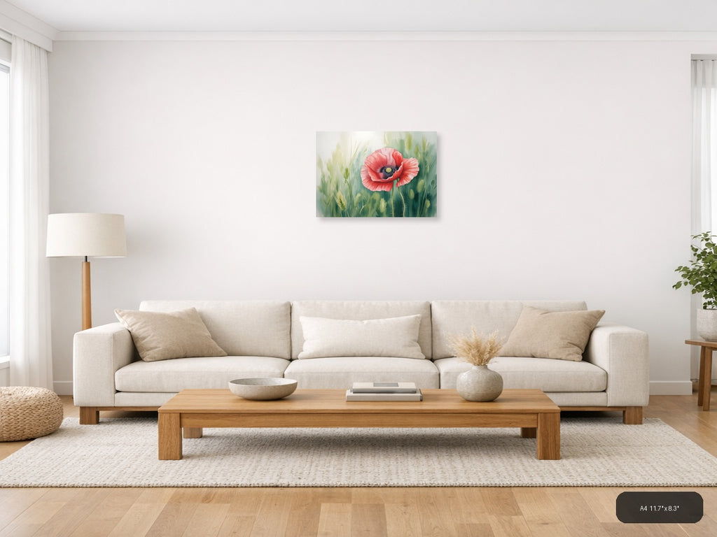 Red Poppy Watercolor Flower with Wheat Field Wall Art — A4 / Living Room