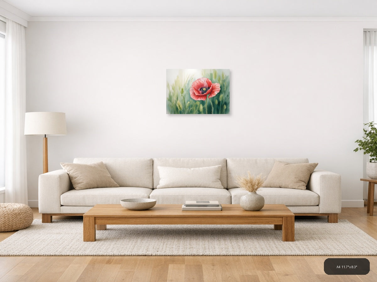 Red Poppy Watercolor Flower with Wheat Field Wall Art — A4 / Living Room