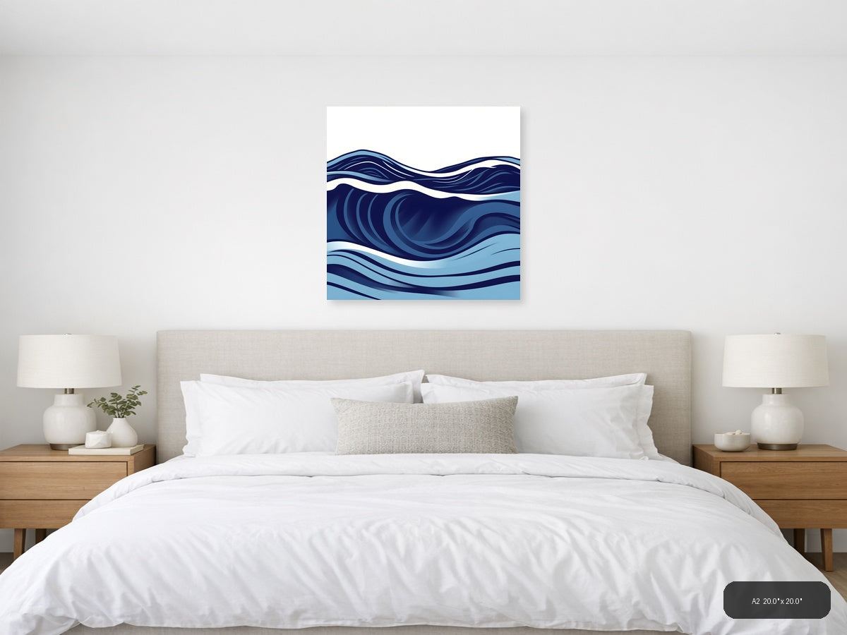 Abstract Ocean Waves Minimalist Blue Wall Art — A2 / Bedroom
