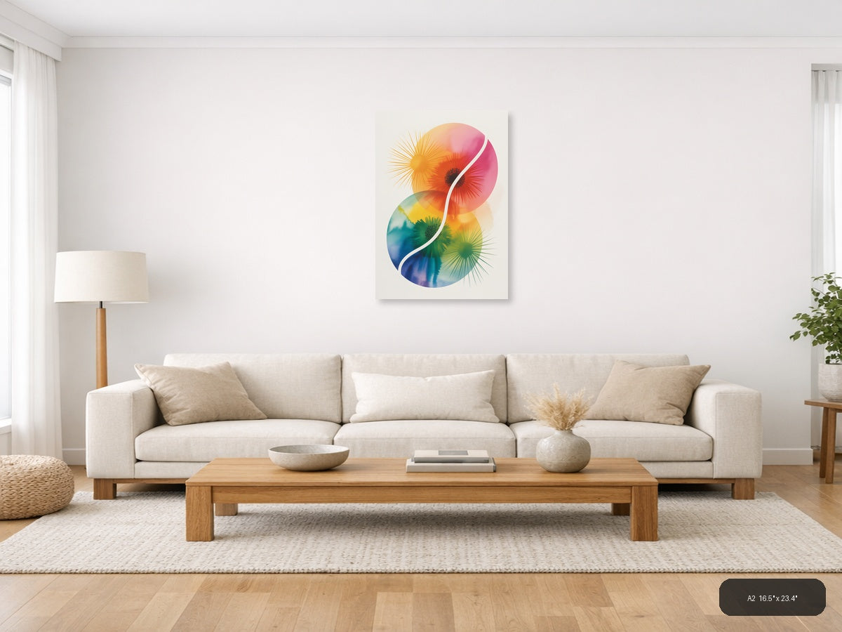Rainbow Yin Yang Watercolor Floral Wall Art — A2 / Living Room