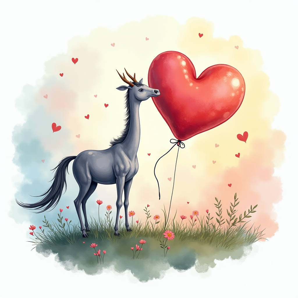 Llama with Heart Balloon Watercolor Wall Art