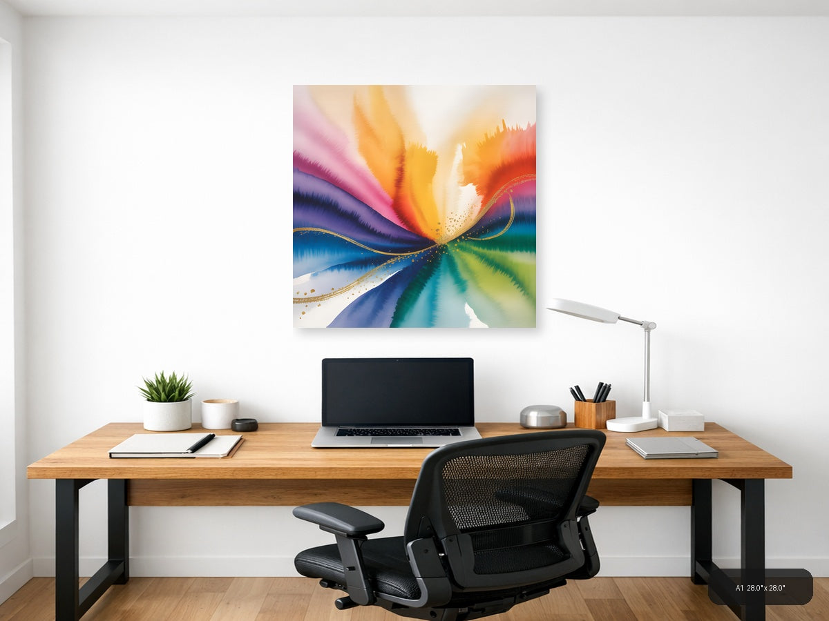 Rainbow Watercolor Wave with Gold Accents Wall Art — A1 / Office