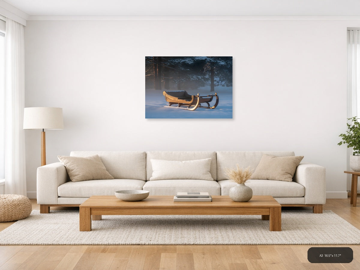 Golden Sleigh in Winter Forest Snow Photography Wall Art — A3 / Living Room