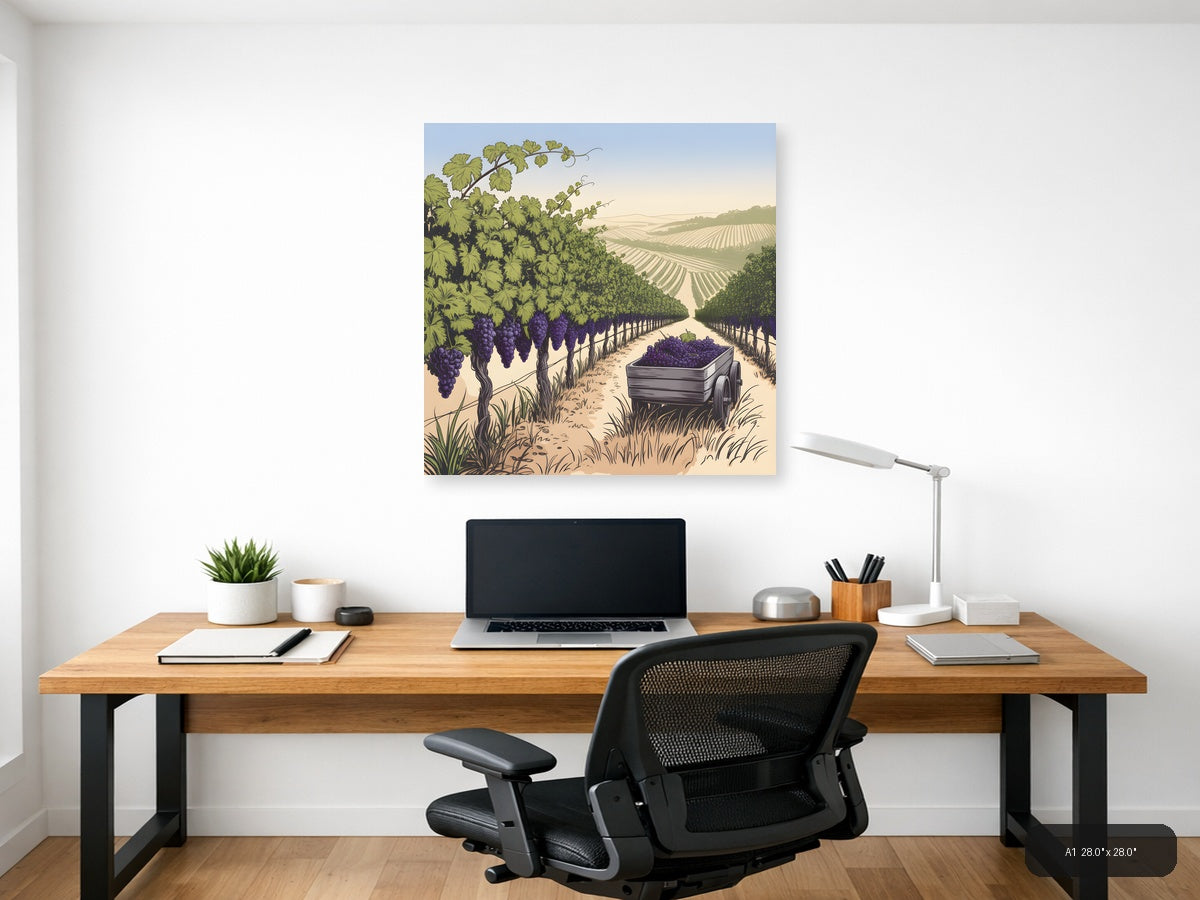 Vineyard Harvest Line Art - Purple Grapes Wine Country Wall Art — A1 / Office