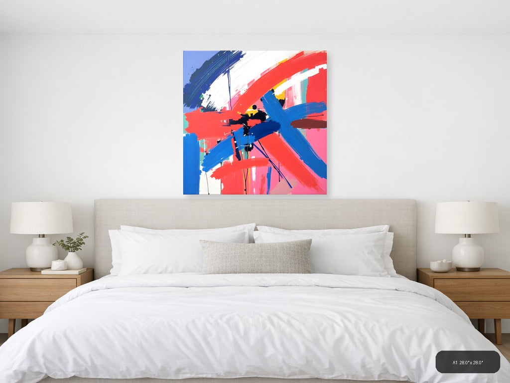 Bold Abstract Brushstrokes Red Blue Modern Wall Art — A1 / Bedroom