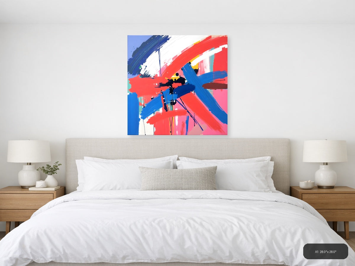 Bold Abstract Brushstrokes Red Blue Modern Wall Art — A1 / Bedroom