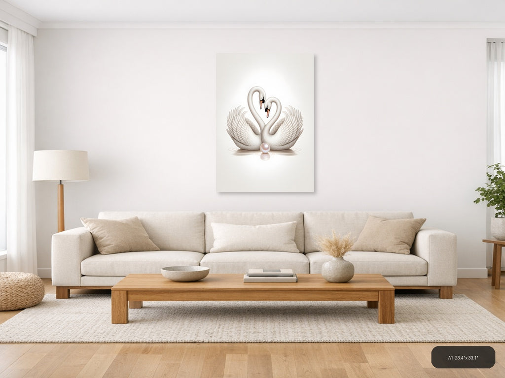 Two White Swans Heart Shape Minimalist Wall Art — A1 / Living Room